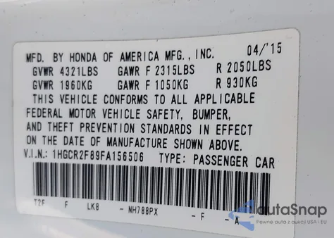 2015 Honda Accord Ex-L из США, поврежденный, VIN 1HGCR2F89FA156506